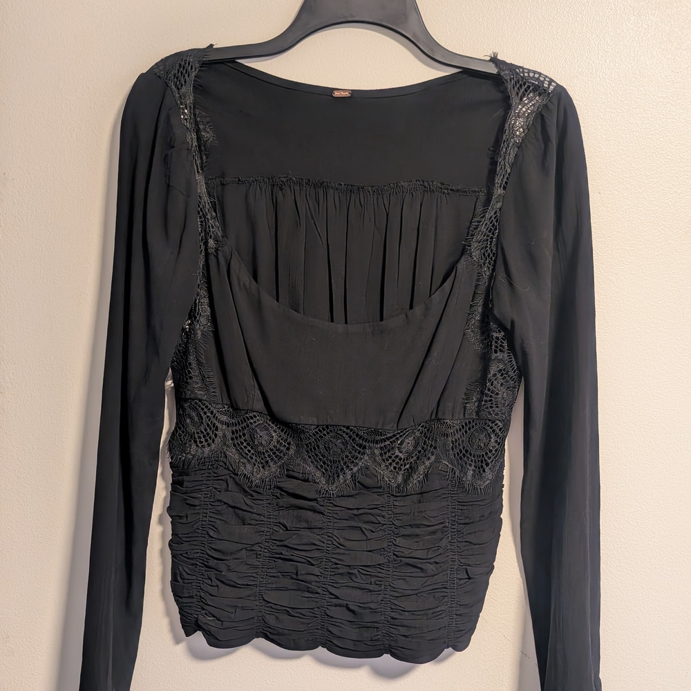 Free People Black Ruched Embellished Blouse